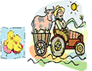 chick, cow, and farmer