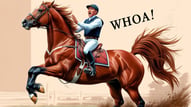 horse trainer saying _WHOA_ near a horse rearing up on hind legs